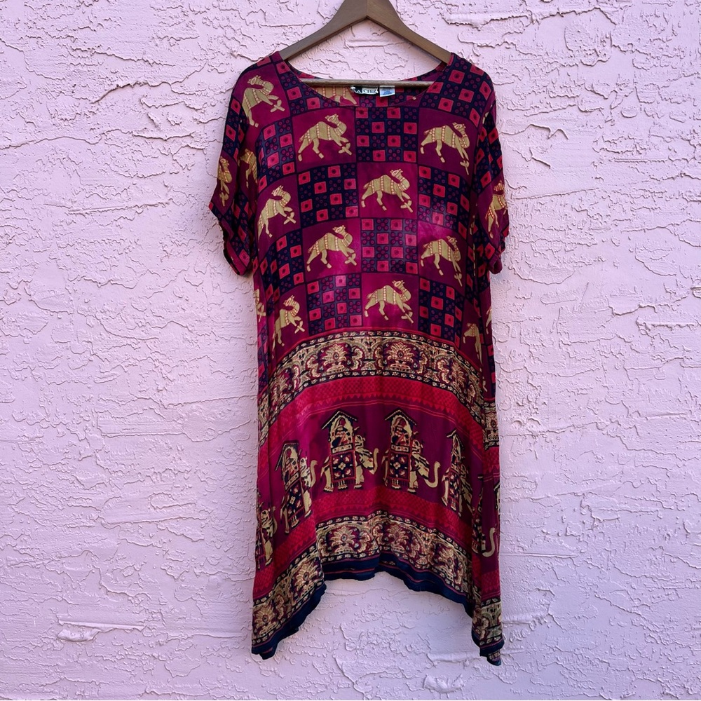 LA Cera Rayon Dress Safari Elephant Camel Size Large